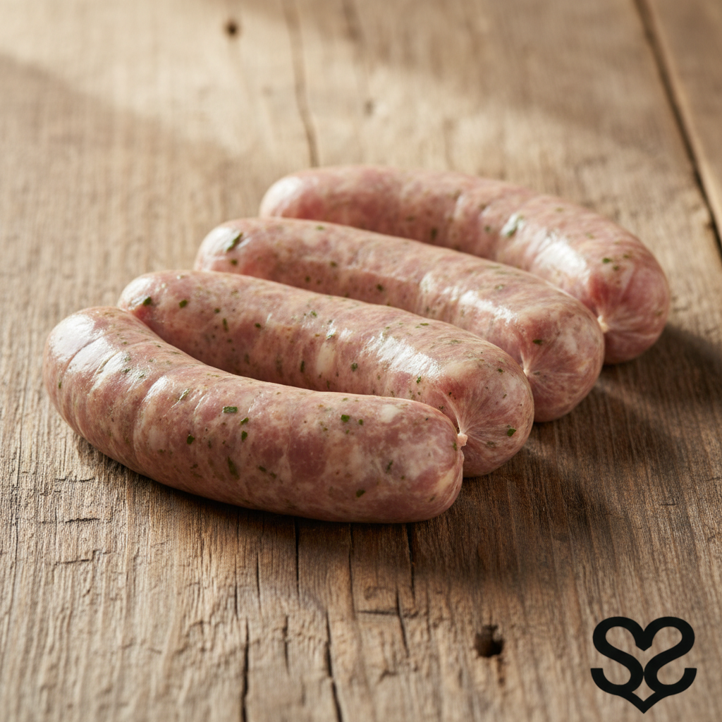4 garlic blend sausage links with S&S Heritage Farm logo